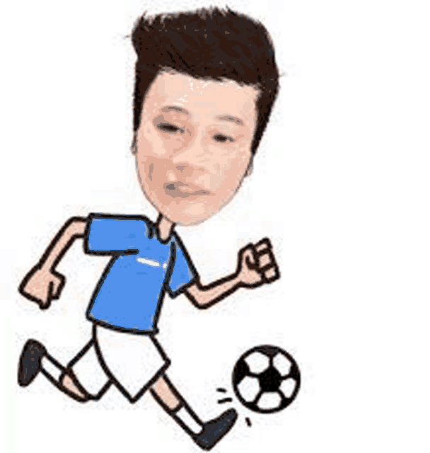 a cartoon of a boy kicking a soccer ball with his face on it .