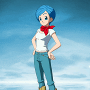 a cartoon character with blue hair and a red scarf around her neck