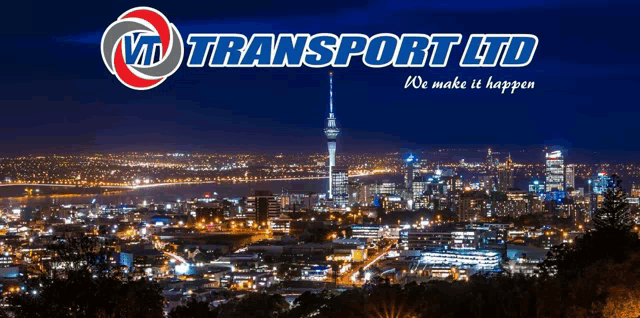 a picture of a city at night with the words vtd transport ltd we make it happen