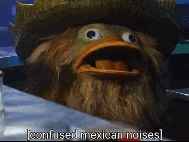 a cartoon duck with a beard and hat is talking about mexican noises .