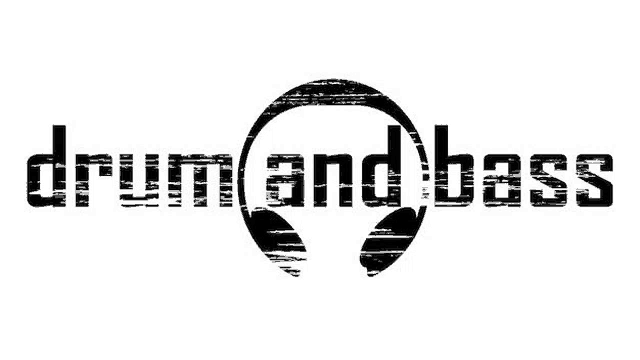 a black and white logo for drum and bass with headphones in the center .