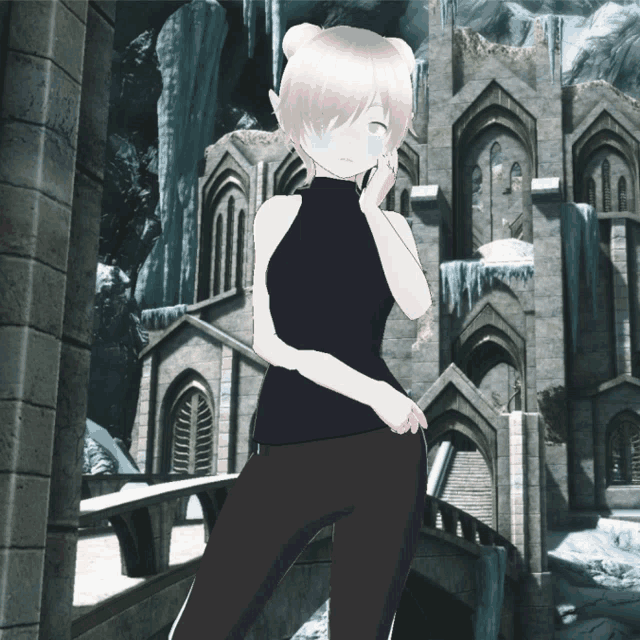 a girl with white hair is standing in front of a building with icicles on it