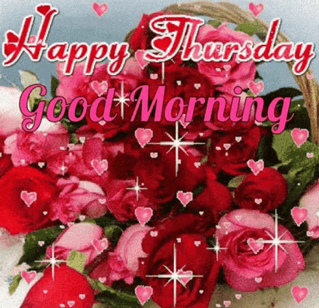 a bouquet of pink roses with the words `` happy thursday good morning '' written on it .