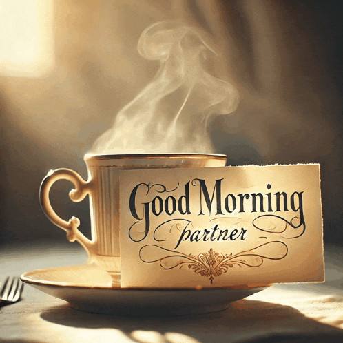 a cup of coffee with a card that says good morning partner on it