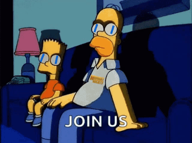 homer simpson and bart simpson are sitting on a couch with the words join us on the bottom