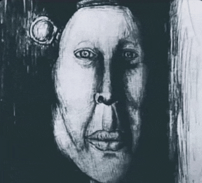 a black and white drawing of a woman 's face with a crown on her head .