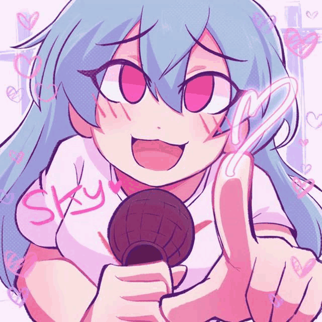 a girl with blue hair is holding a microphone with the word sky on her shirt