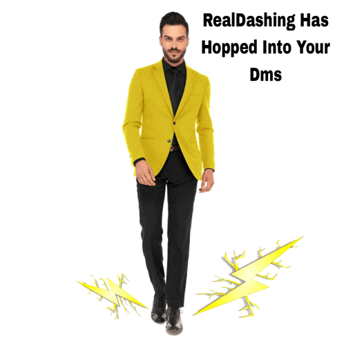 a man in a yellow jacket and black pants with the words realdashing has hopped into your dms on the bottom