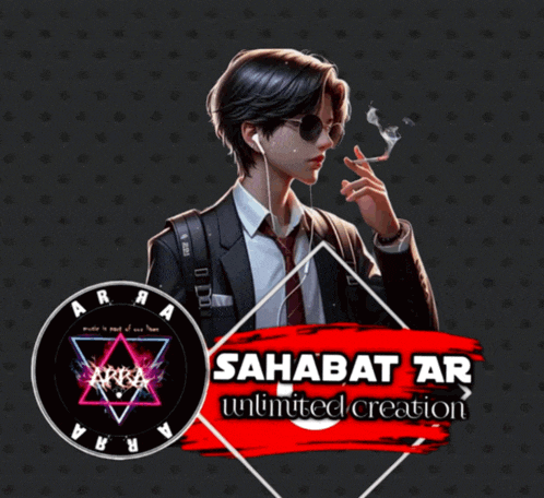 a logo for sahabat ar unlimited creation shows a man in a suit and tie smoking a cigarette