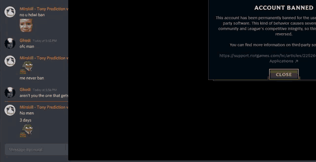 a screenshot of a discord chat with a message that says account banned