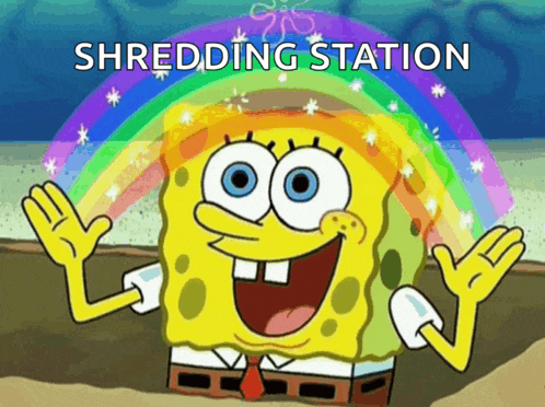 a cartoon of spongebob with a rainbow and the words shredding station below him