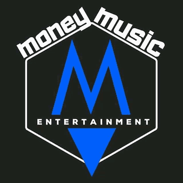 a logo for money music entertainment with a blue triangle in the middle .