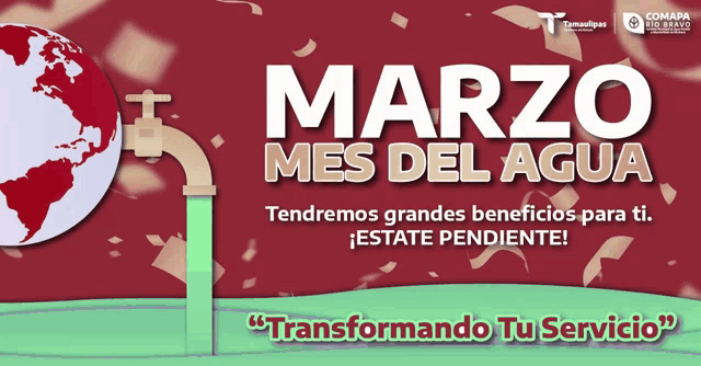 an advertisement for marzo mes del agua shows a globe and a faucet