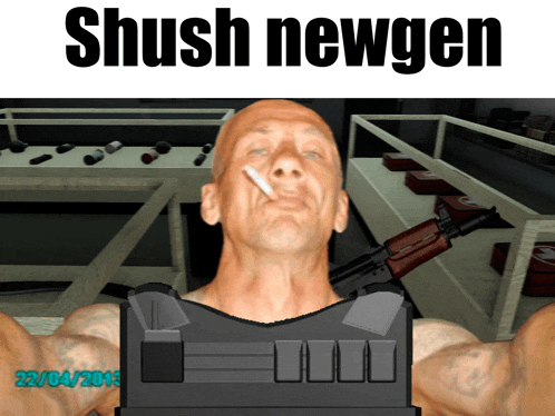 a man smoking a cigarette in a video game with the words shush newgen above him