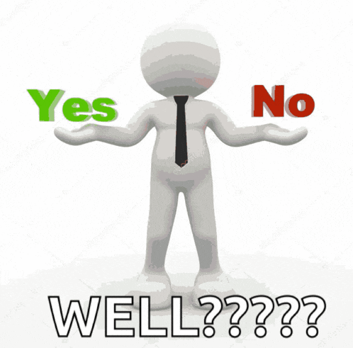 a 3d man is holding a yes or no sign