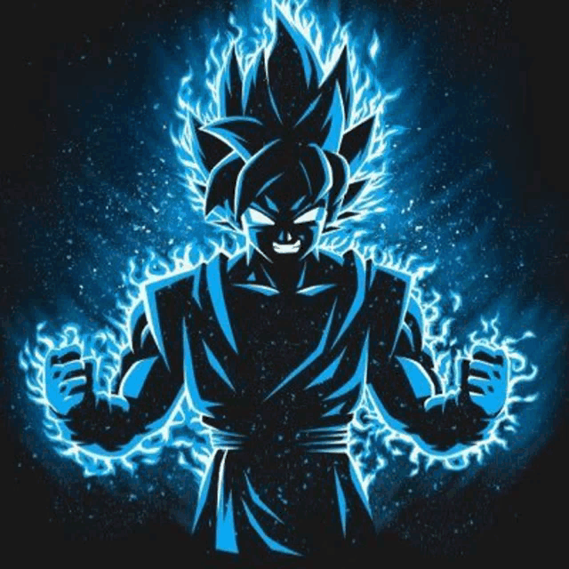 goku from dragon ball z is glowing in the dark with blue fire coming out of his head .