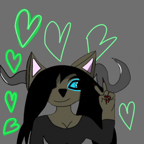 a drawing of a wolf with horns and hearts around her