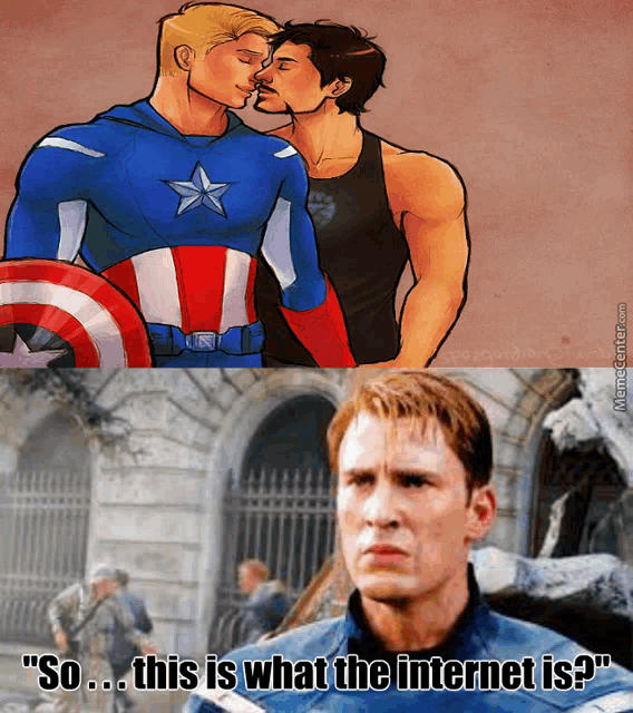 a cartoon of captain america and tony stark kissing with a caption that says " so this is what the internet is "