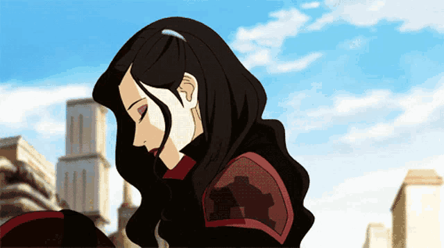 a woman with long black hair and red armor is looking down