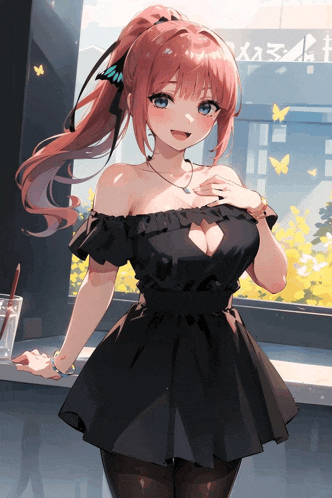 a girl in a black dress is standing in front of a window with a sign that says ' aoyama ' on it