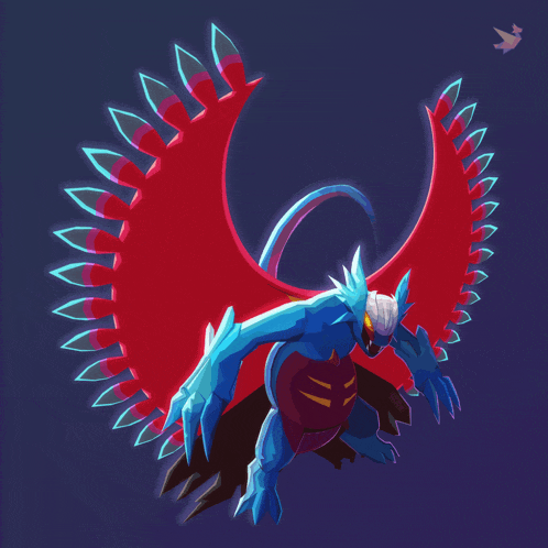 a drawing of a blue and red dragon with a bird flying in the background