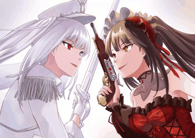 two anime girls are standing next to each other one is holding a gun and the other is holding a sword