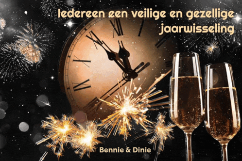 a new year 's eve greeting card with a clock and champagne glasses