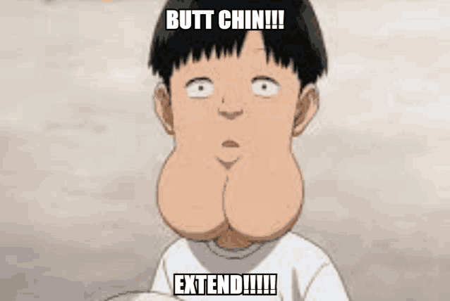 a cartoon boy with a big chin and a huge mouth is making a funny face .