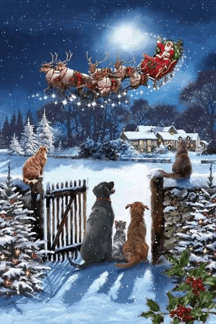 a painting of santa in a sleigh with reindeer and dogs looking at it