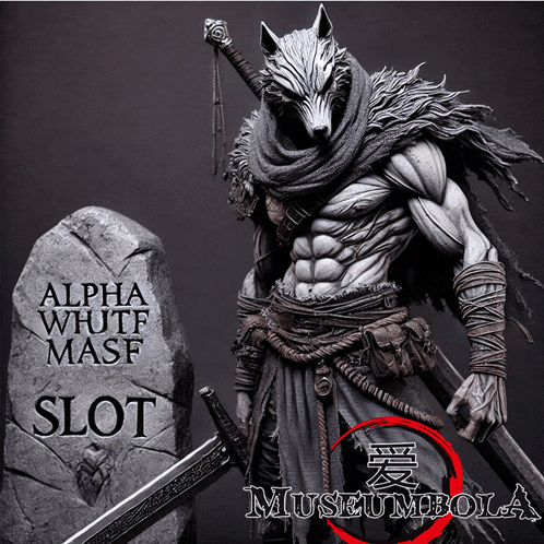 a statue of a man with a wolf mask holding a sword next to a sign that says alpha whutf masf slot