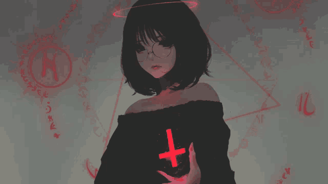 a girl holding a red cross in front of a pentagram