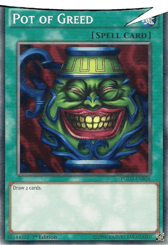 a card that says pot of greed with a smiling face on it