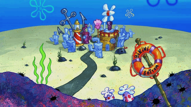 a cartoon scene of bikini bottom with a life preserver