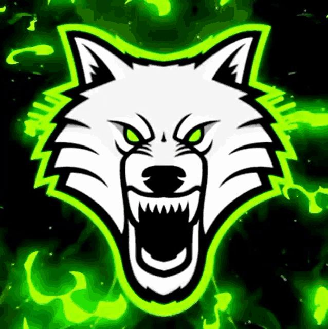 a white wolf with green eyes is on a neon green background