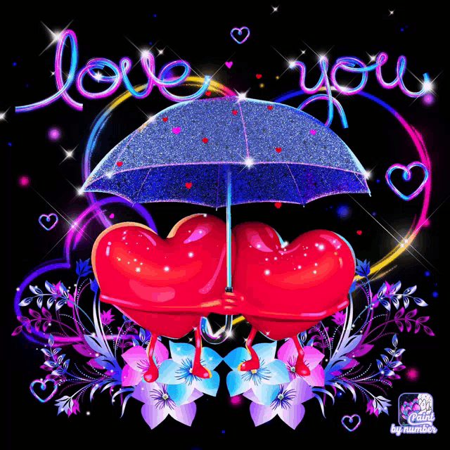 a couple of hearts under an umbrella with the words love you written above them