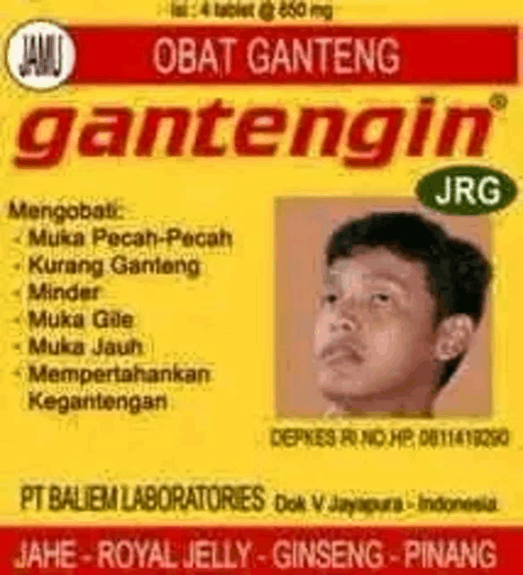 a box of obat ganteng gantengin jrg with a picture of a man 's face on it .