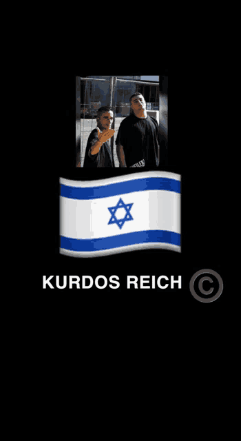 a picture of two men and a flag that says kurdos reich on it