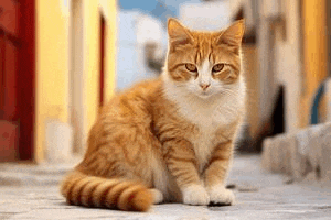 a close up of a cat sitting on a sidewalk looking at the camera .