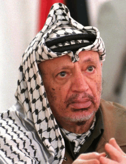 a man wearing a head scarf and a beard looks at the camera