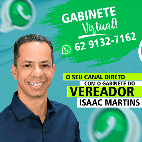 a man in a blue shirt is smiling in front of a sign that says gabinete virtual