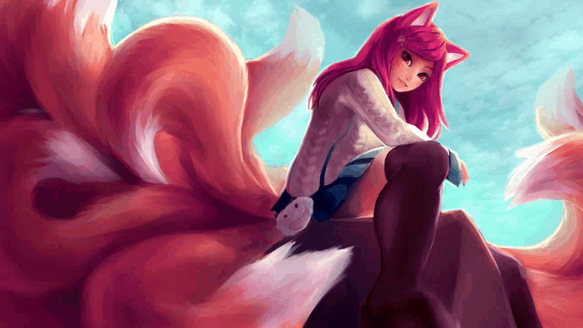 a girl with pink hair and ears is sitting on a rock with a fox tail behind her