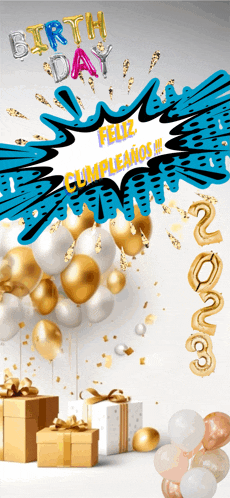 a birthday greeting card with balloons and gifts and the words " feliz cumpleanos "