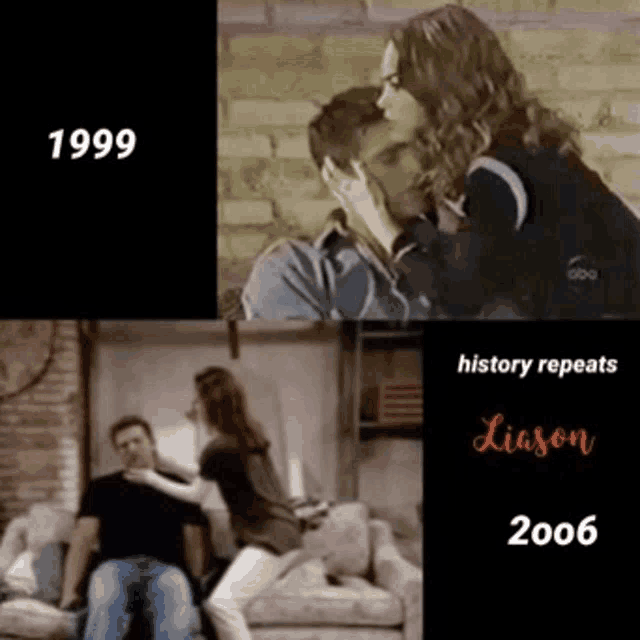 a woman kissing a man in 1999 and a man kissing another woman in 2006