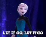 elsa from frozen is standing in front of a blue curtain and saying let it go .