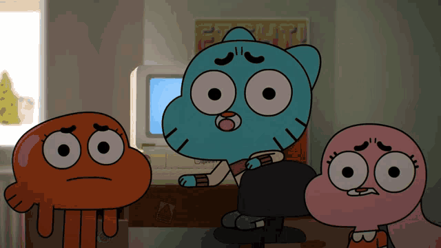 gumball and darwin from the amazing world of gumball are looking at a computer screen