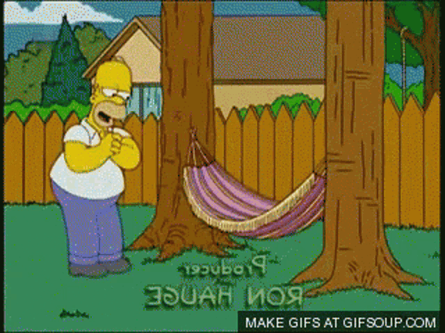 a cartoon of homer simpson standing next to a hammock with the words make gifs at gifsoup.com