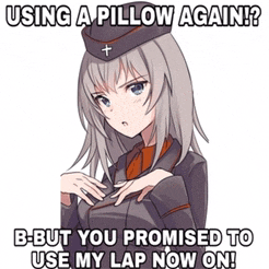 a picture of a girl with the caption using a pillow again ? b-but you promised to use my lap now on