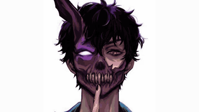 a drawing of a man with a purple skull mask on his face .