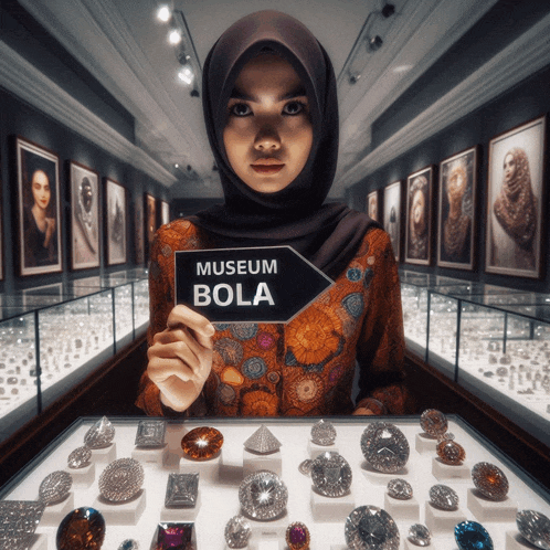 a woman in a hijab holding a sign that says museum bola