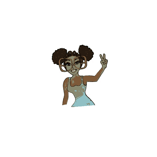 a cartoon drawing of a woman with glasses giving a peace sign